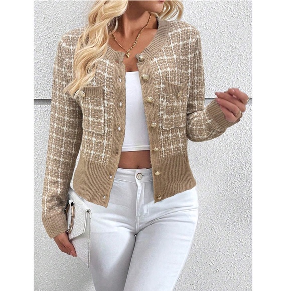 Tan Plaid Button Up Cardigan Knit Long Sleeve - Picture 2 of 7